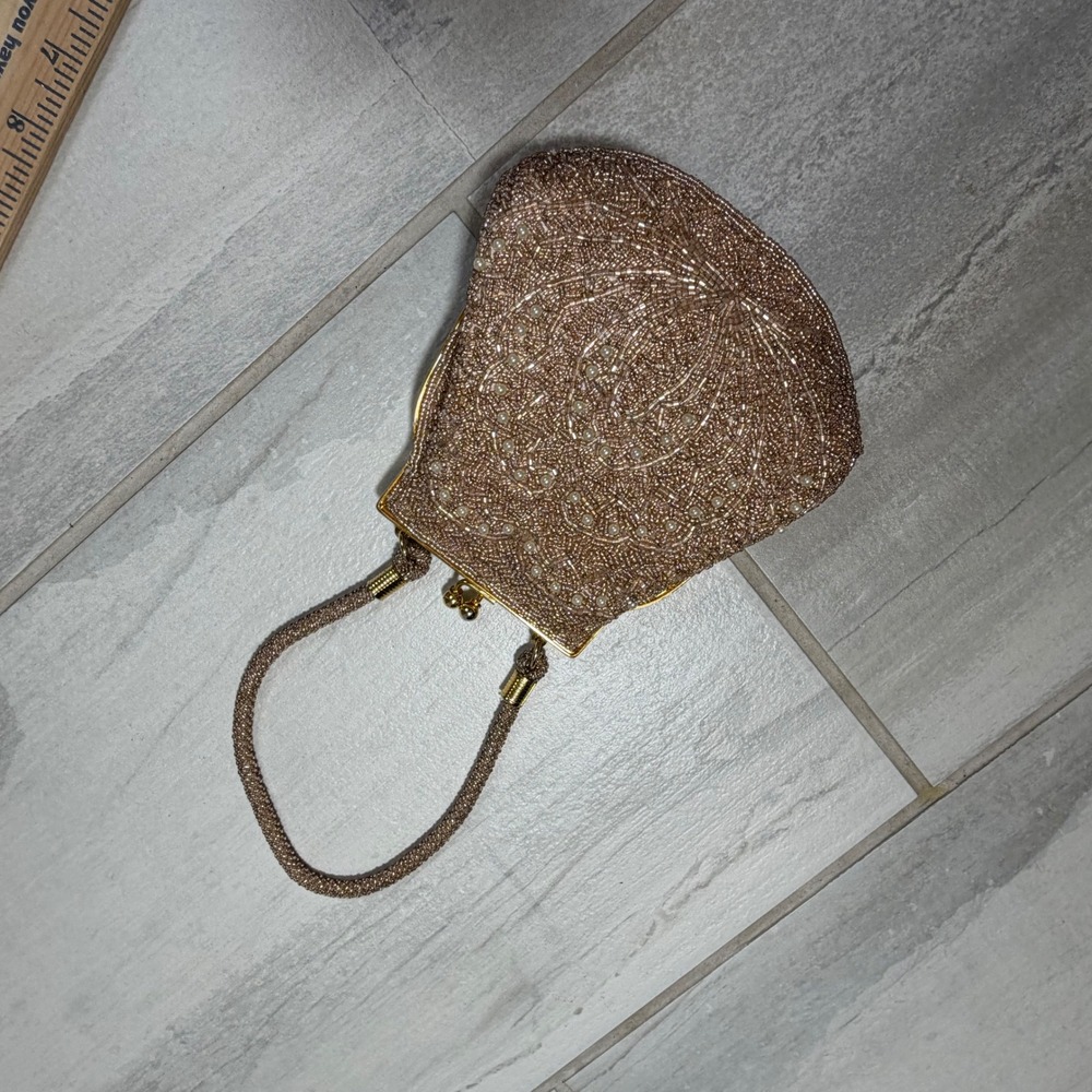 Vintage Beaded Evening Bag Champagne Gold Faux Pearl Kiss Lock Clutch Purse